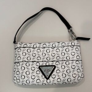 GUESS White and Black Logo Wristlet with Triangle Plaque